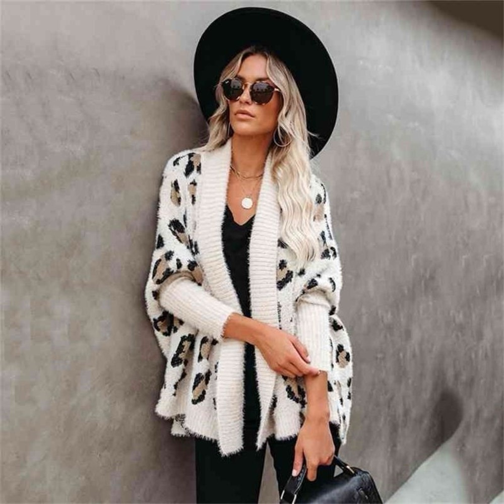 Leopard Print Open Front Cardigan, White/Brown - Picture 6 of 11